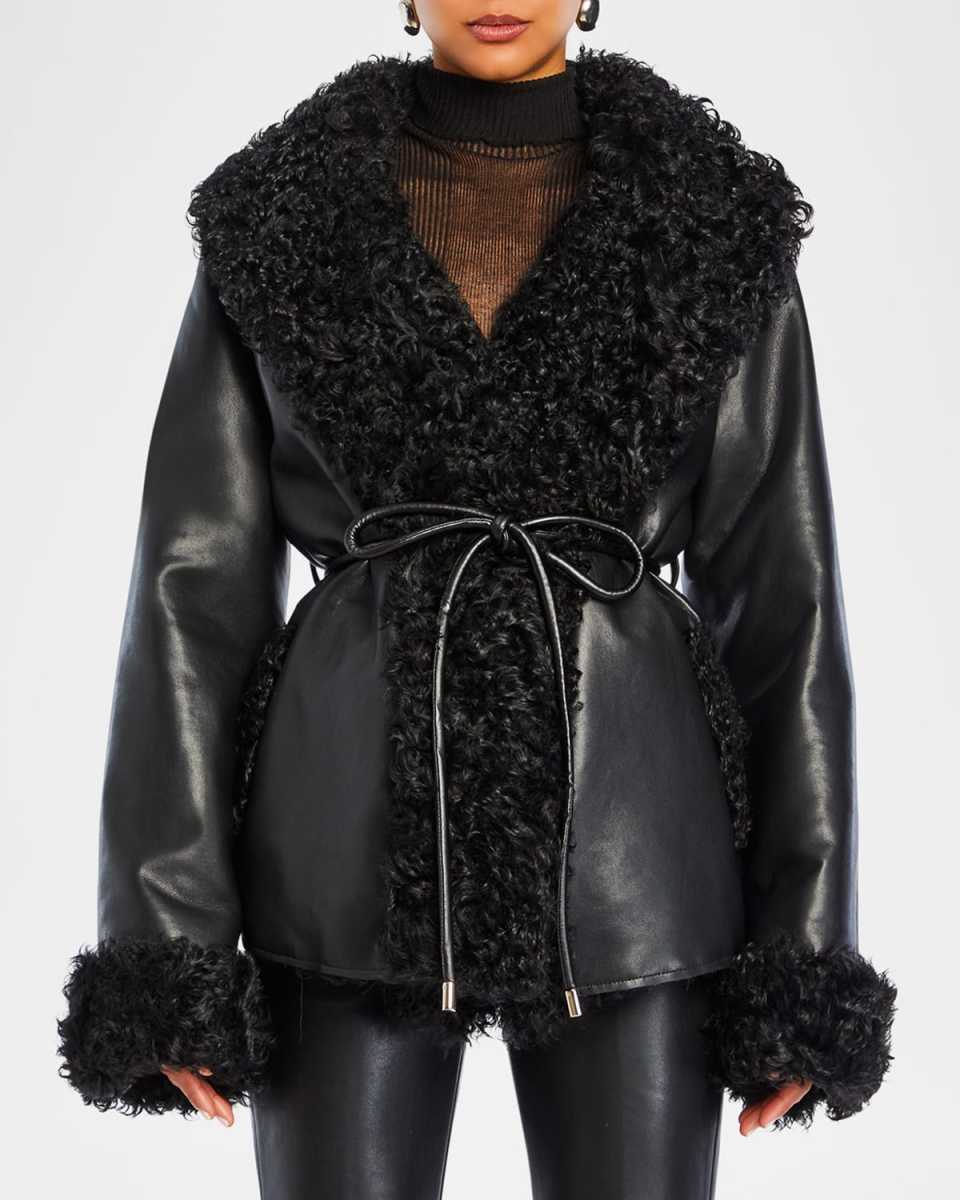 Roxanne Faux Leather Coat with Faux Fur Trim